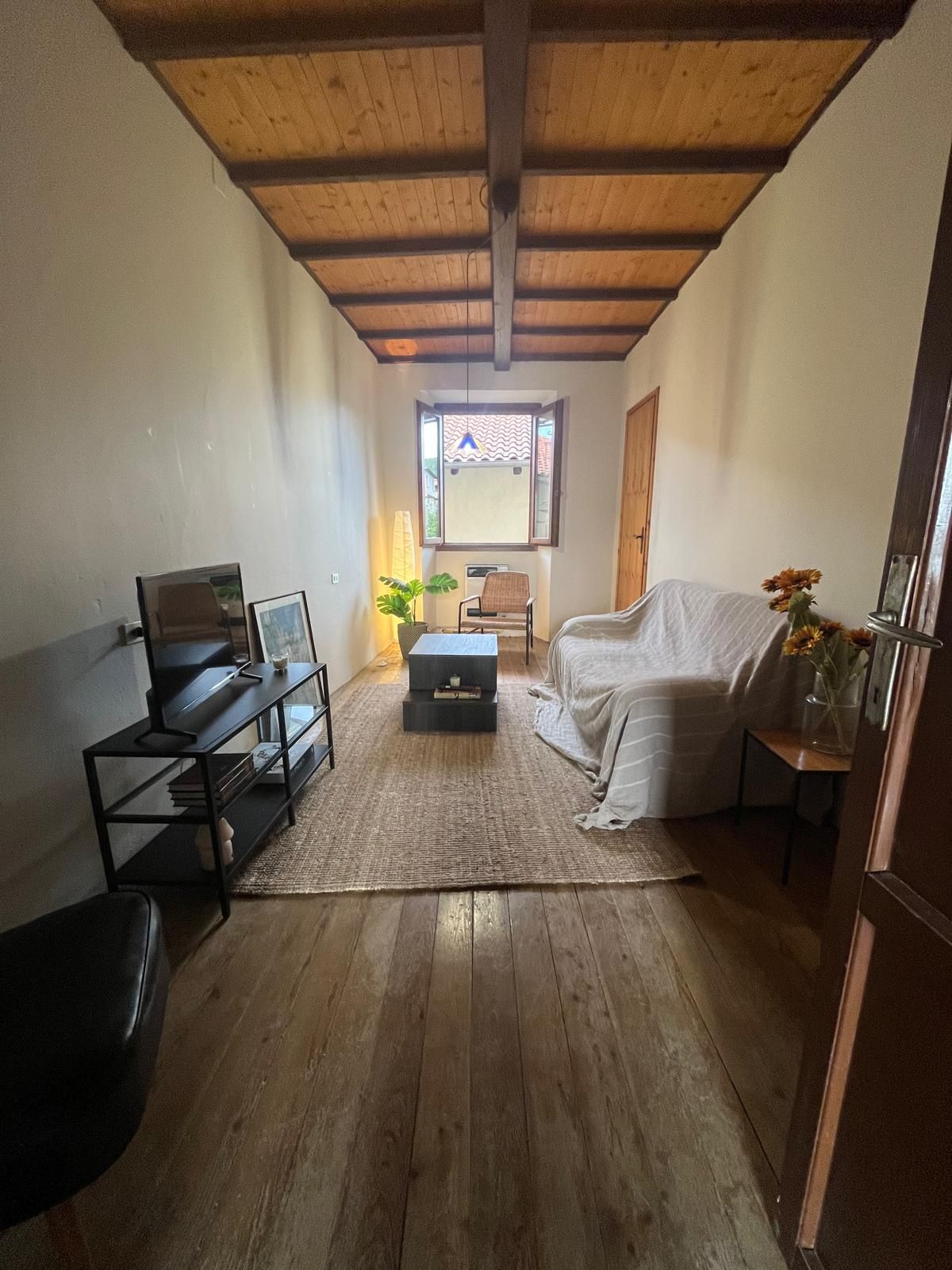 Woonkamer met houten plafond en vloer